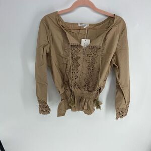 Meaneor Women's Khaki Stretch Floral Lace Crochet Blouse Top Medium